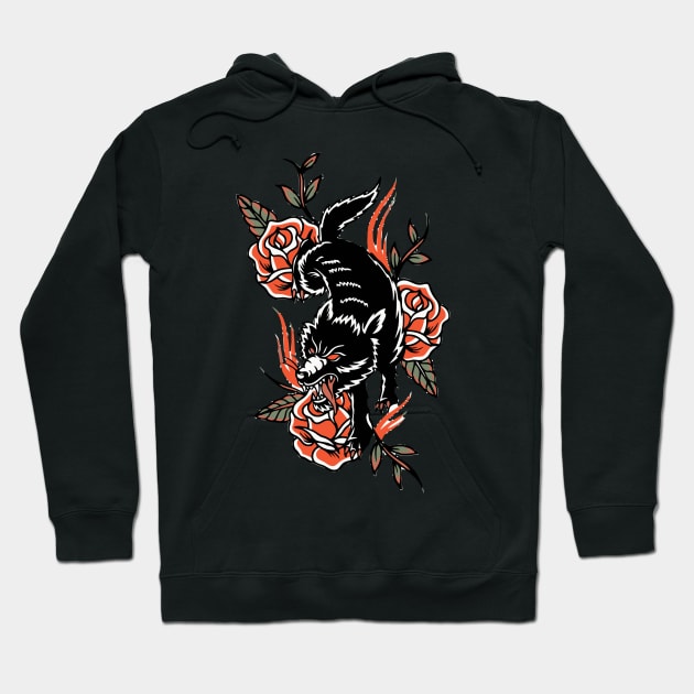 American Traditional Tattoo of Black Wolf on Red Roses with Flames Hoodie by KenzieDesignCo